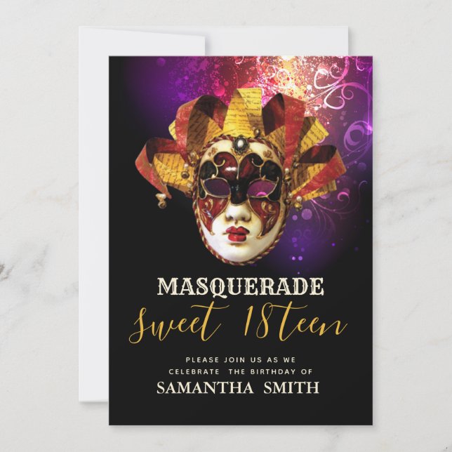 Fancy Black Purple Gold Masquerade Invitation (Front)