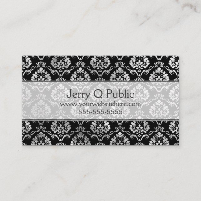Fancy Black Silver Damask Business Card (Front)