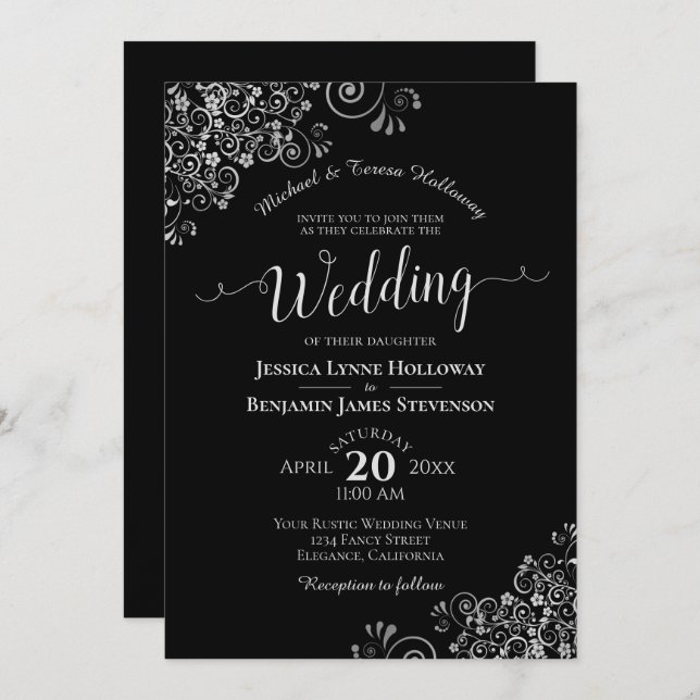 Fancy Black & Silver Elegant Formal Wedding Invitation (Front/Back)