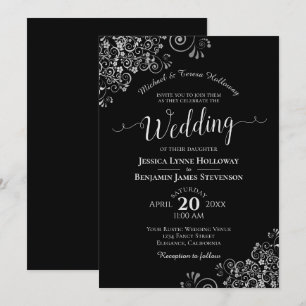 Fancy Black & Silver Elegant Formal Wedding Invitation