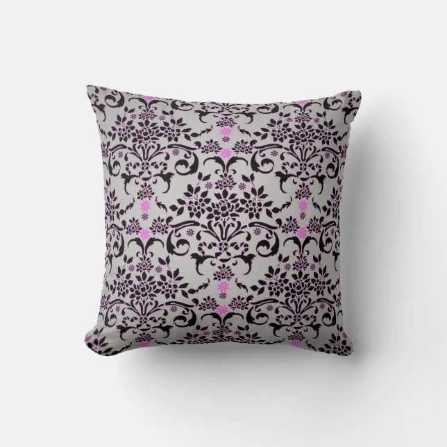 Fancy Black Silver Purple Floral Damask Pattern Cushion (Front)