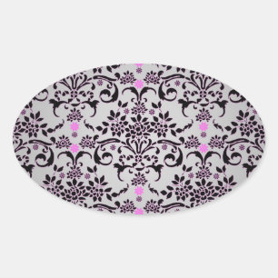 Fancy Black Silver Purple Floral Damask Pattern Oval Sticker
