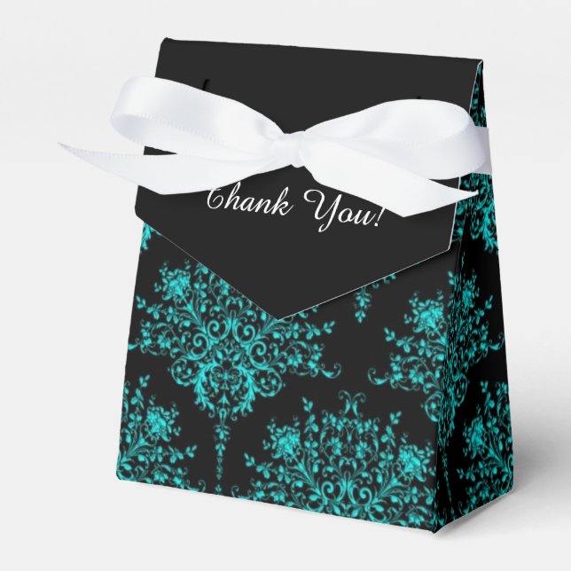 Fancy Black Teal Damask Thank You Favour Box (Front Side)