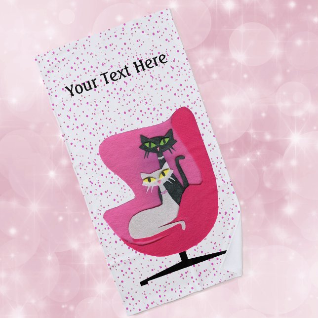 Fancy Black White Cats in Mid Century Chair Pink Beach Towel (Two atomic cats sitting in pink chair on white beach towel with pink polka dots.)