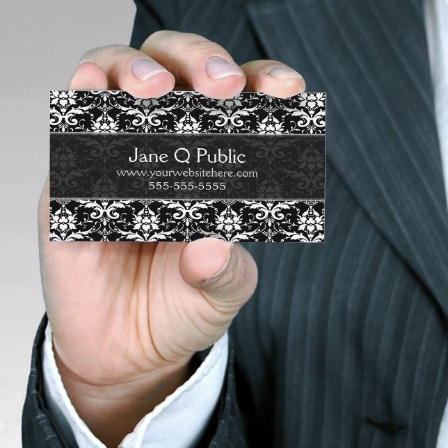 Fancy Black White Damask Business Card (Creator Uploaded)