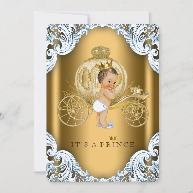 Fancy Blue and Gold Carriage Prince Baby Shower Invitation (Front)
