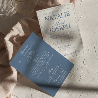 Fancy Blue And White Old Money All In One Wedding  Invitation