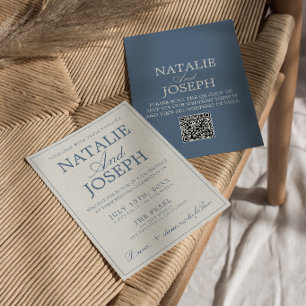 Fancy Blue And White Old Money QR Code Wedding  Invitation