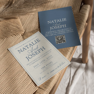 Fancy Blue And White Old Money QR Code Wedding  Invitation