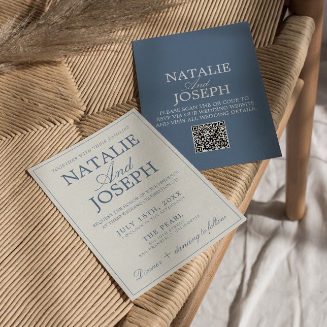 Fancy Blue And White Old Money QR Code Wedding  Invitation (Creator Uploaded)