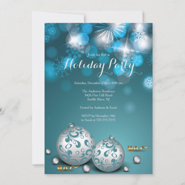 Fancy Blue Bokeh Lights Holiday Invitation (Front)
