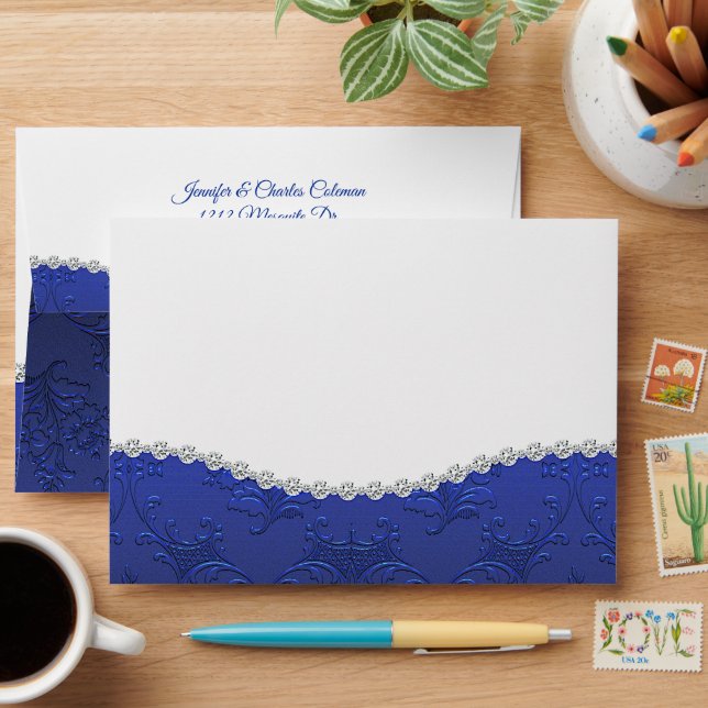 Fancy Blue Damask and Diamonds Envelope (Desk)