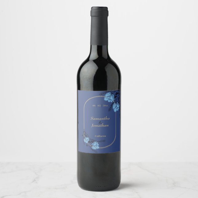 Fancy Blue Flower Wedding Wine Label (Front)