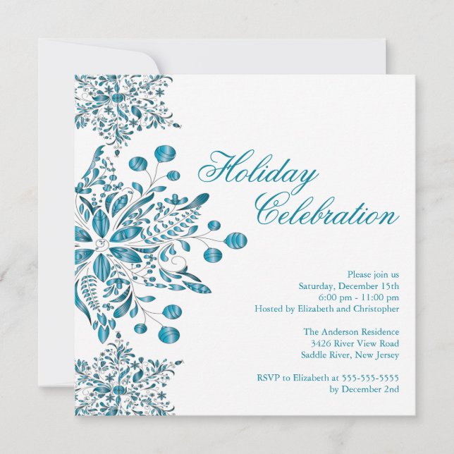 Fancy Blue Jewel Snowflakes Holiday Party Invitation (Front)