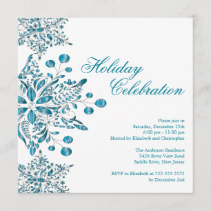 Fancy Blue Jewel Snowflakes Holiday Party Invitation