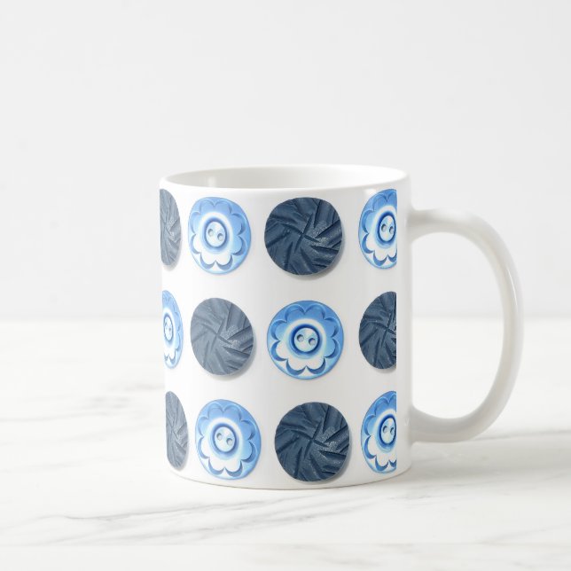 Fancy Blue Sewing Buttons on White Pattern Coffee Mug (Right)