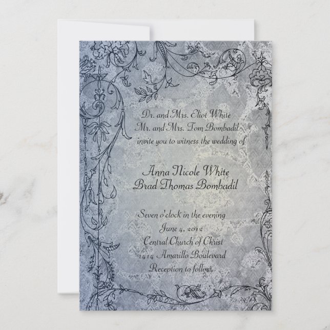 Fancy Blue Shabby Damask Vintage Wedding Invitation (Front)