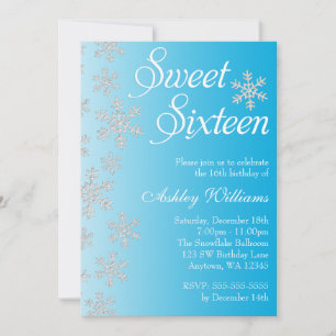Fancy Blue Snowflakes Winter Wonderland Sweet 16 Invitation