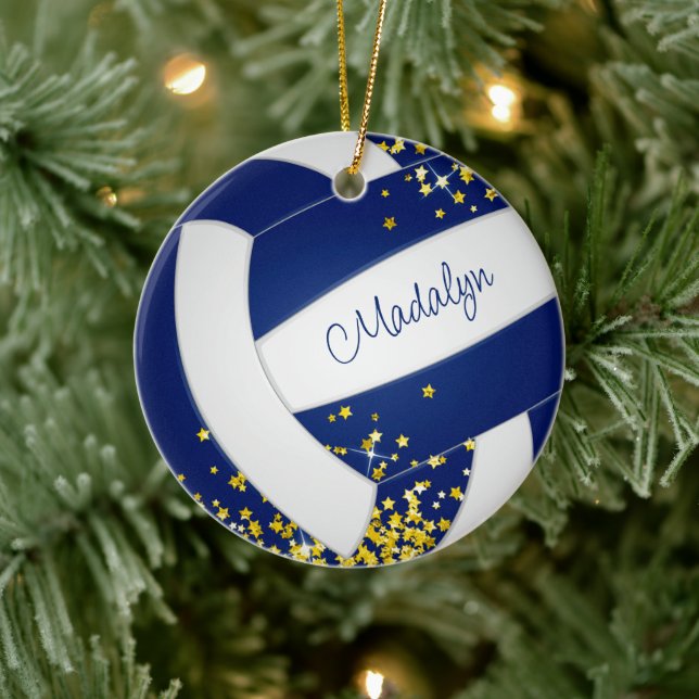 fancy blue white volleyball w gold stars ceramic tree decoration (Tree)