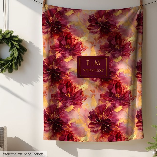 Fancy Blush Burgundy Gold Floral Custom Throw  Fleece Blanket (Fancy Blush Burgundy Gold Floral Custom Throw Fleece Blanket)