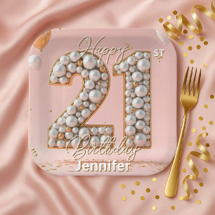 Fancy Blush Pink and Pearl Gold 21st Birthday  Paper Plate