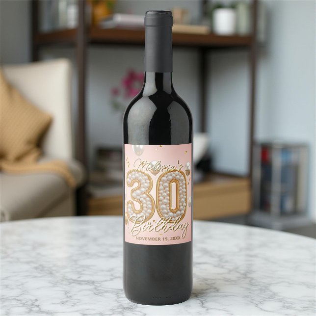 Fancy Blush Pink Gold Pearl Mosaic 30th Birthday Wine Label (Creator Uploaded)