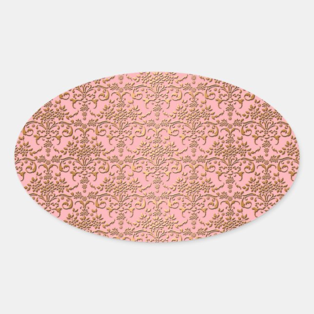 Fancy Blushing Pink and Gold Damask Oval Sticker (Front)