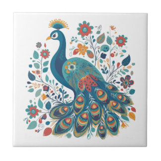 Fancy Boho Peacock Scandinavian Folk Art Tile