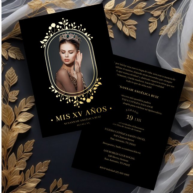 Fancy Botanical Oval Frame Spanish Quinceañera (Fancy Botanical Oval Frame Spanish Quinceañera Golden Effect Real Metallic Foil Invitation Card.)