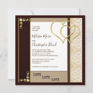Fancy Brown and Gold Wedding with Hearts Invitation