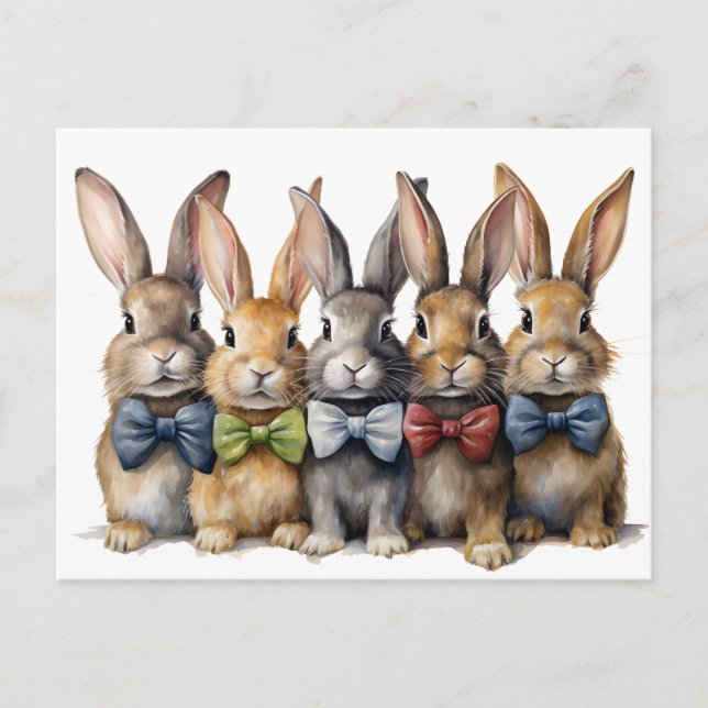 Fancy Bunny Bow Tie Watercolor Announcement Postcard (Front)