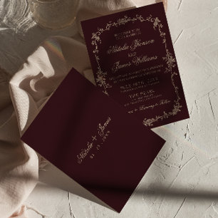 Fancy Burgundy Floral Old Money Boho Chic Wedding Invitation