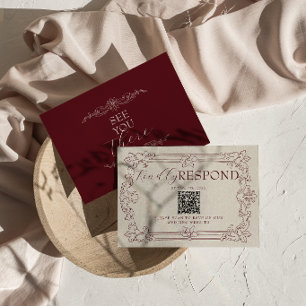 Fancy Burgundy Floral Old Money QR Code Wedding RSVP Card
