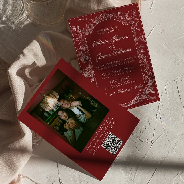 Fancy Burgundy Floral QR Code Photo Wedding Invitation (Creator Uploaded)