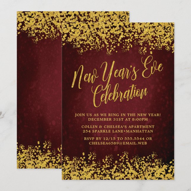 Fancy Burgundy & Gold New Year's Eve Party Invitation (Front/Back)