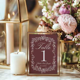 Fancy Burgundy Rubine Floral Wedding Table Number