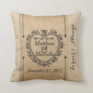 Fancy Burlap Anniversary Date Heart Personalised Cushion