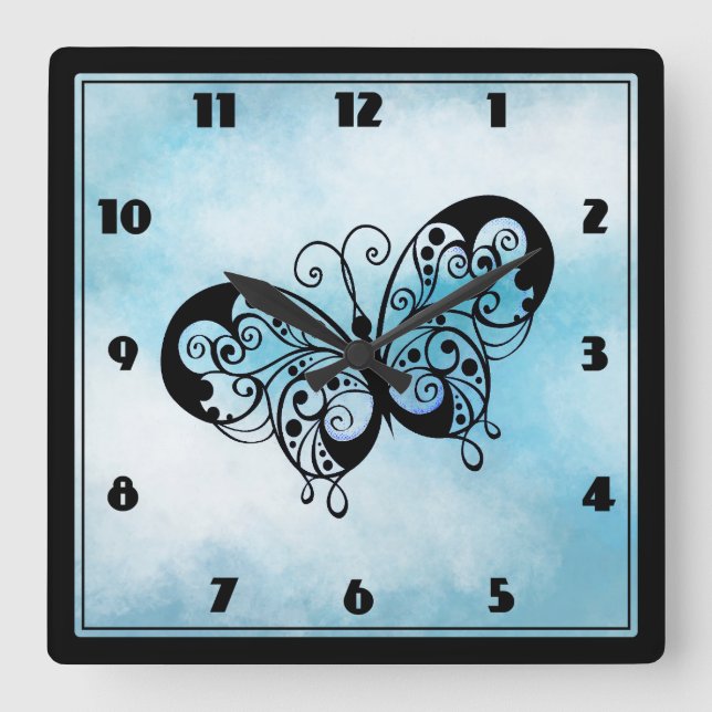 Fancy Butterfly on a Cloud Blue Background Square Wall Clock (Front)