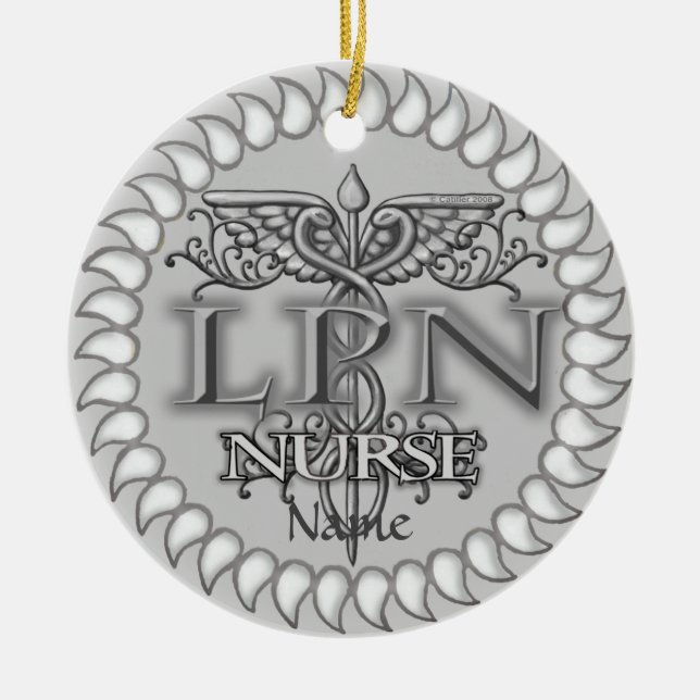 Fancy Caduceus LPN nurse Ceramic Tree Decoration (Front)