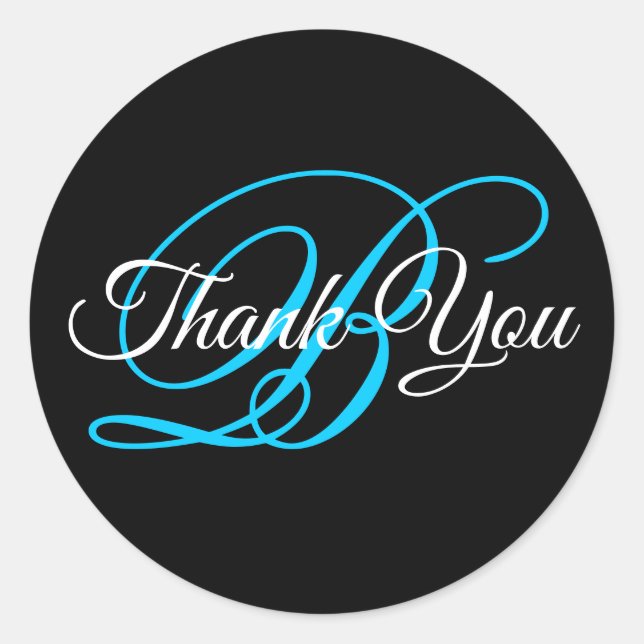 Fancy Calligraphy Aqua Blue Monogram Thank You Classic Round Sticker (Front)
