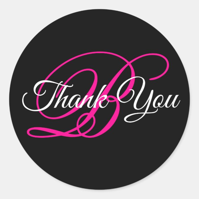 Fancy Calligraphy Hot Pink Monogram Thank You Classic Round Sticker (Front)