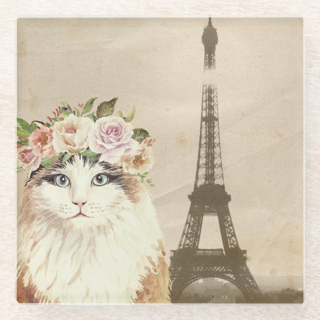 Fancy Cat & Eiffel Tower Glass Coaster (Front)