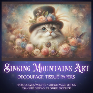 Fancy Cat in Victorian Hat Floral Decoupage Tissue Paper