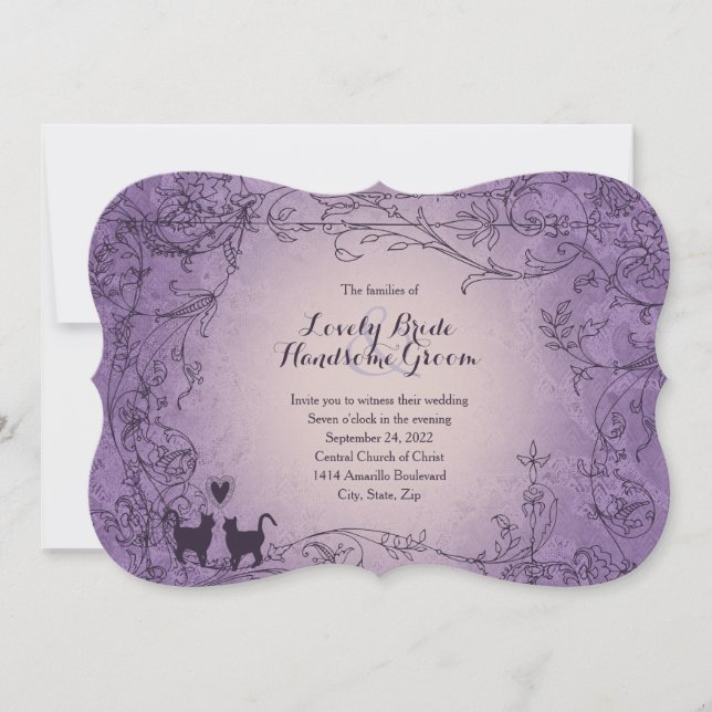 Fancy Cat Lovers Purple Vintage Wedding Invitation (Front)