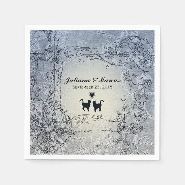 Fancy Cat Lovers Vintage Blue Personalised Napkin (Front)