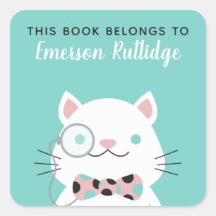Fancy Cat   Turquoise This Book Belongs To Square Sticker