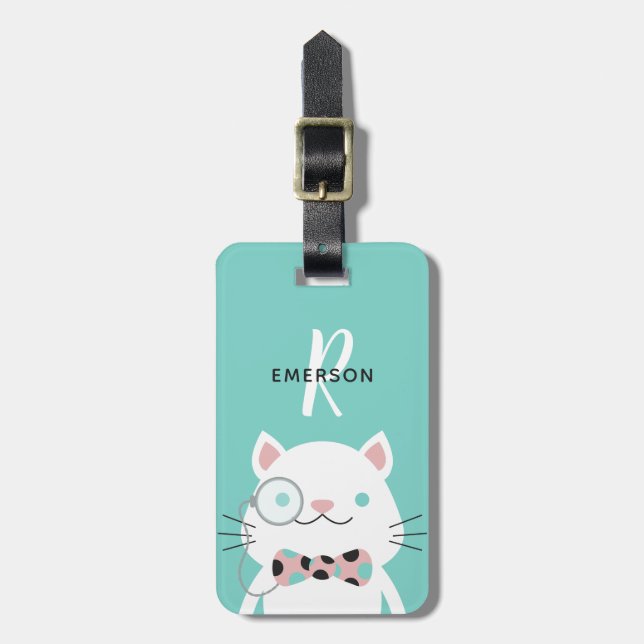 Fancy Cat with Monocle | Monogram Luggage Tag (Front Vertical)