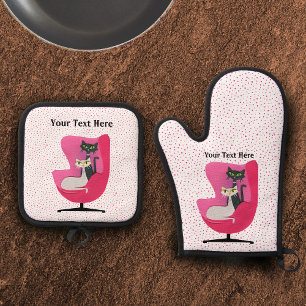 Fancy Cats in Vintage 1950s Pink Chair Polka Dots Oven Mitt & Pot Holder Set