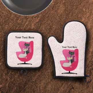 Fancy Cats in Vintage 1950s Pink Chair Polka Dots Oven Mitt & Pot Holder Set