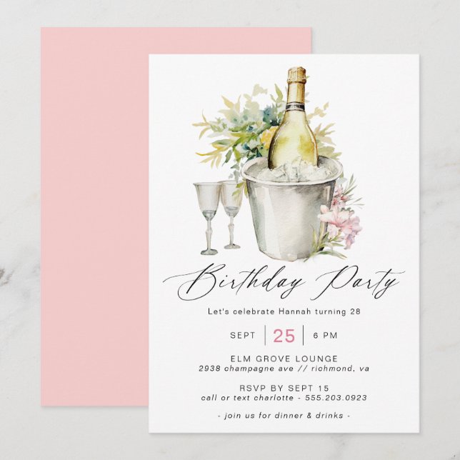 Fancy Champagne | Cute Girly Pink Women's Birthday Invitation (Front/Back)